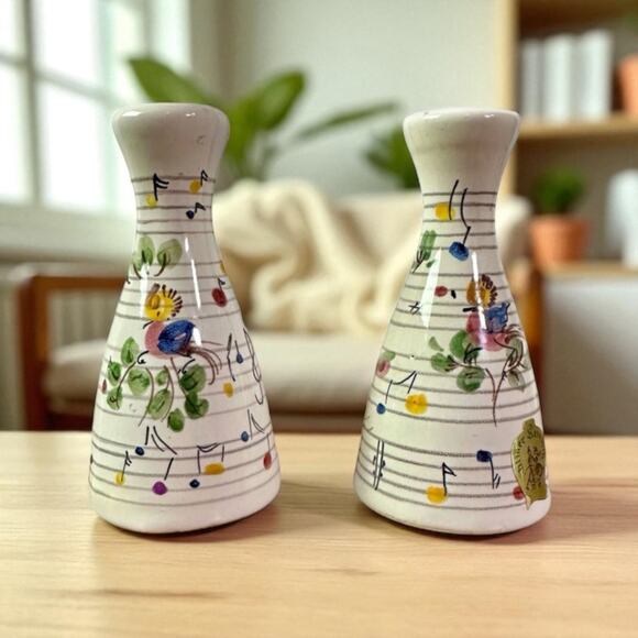VTG Set 2 Ulmer Keramik German Hand Painted Porcelain Musical Notes & Bird Vases - Picture 1 of 9